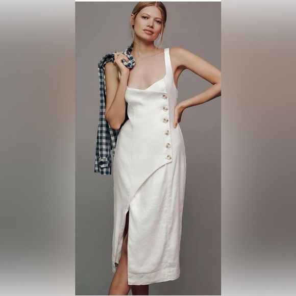 By Anthropologie Sleeveless Square-Neck Linen Button Wrap Midi Dress $178